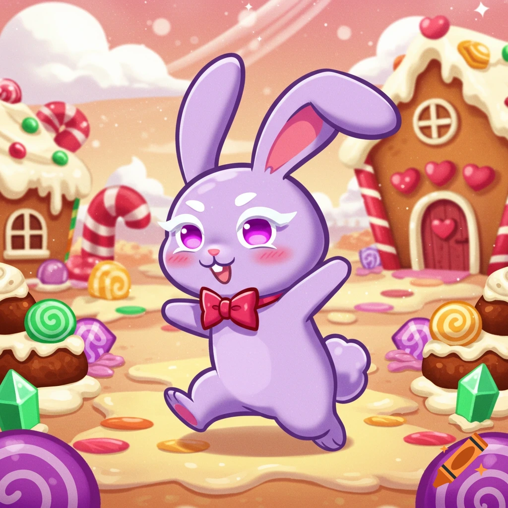 A cute light purple cartoon rabbit runs through a bright candy land with gingerbread houses.