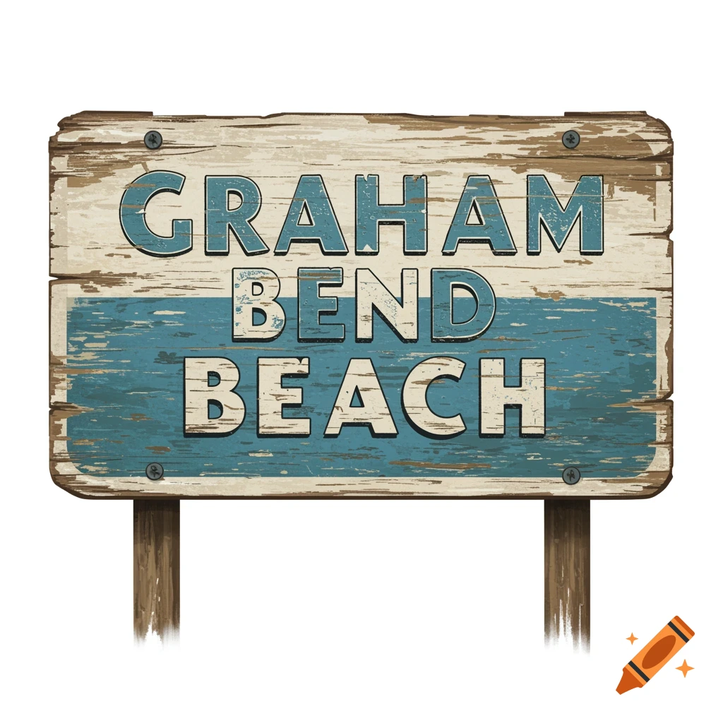 Weathered wooden sign for Graham Bend Beach with distressed blue and white paint.