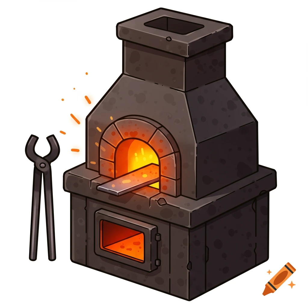 Cartoon illustration of a blacksmith furnace with glowing fire and tongs.