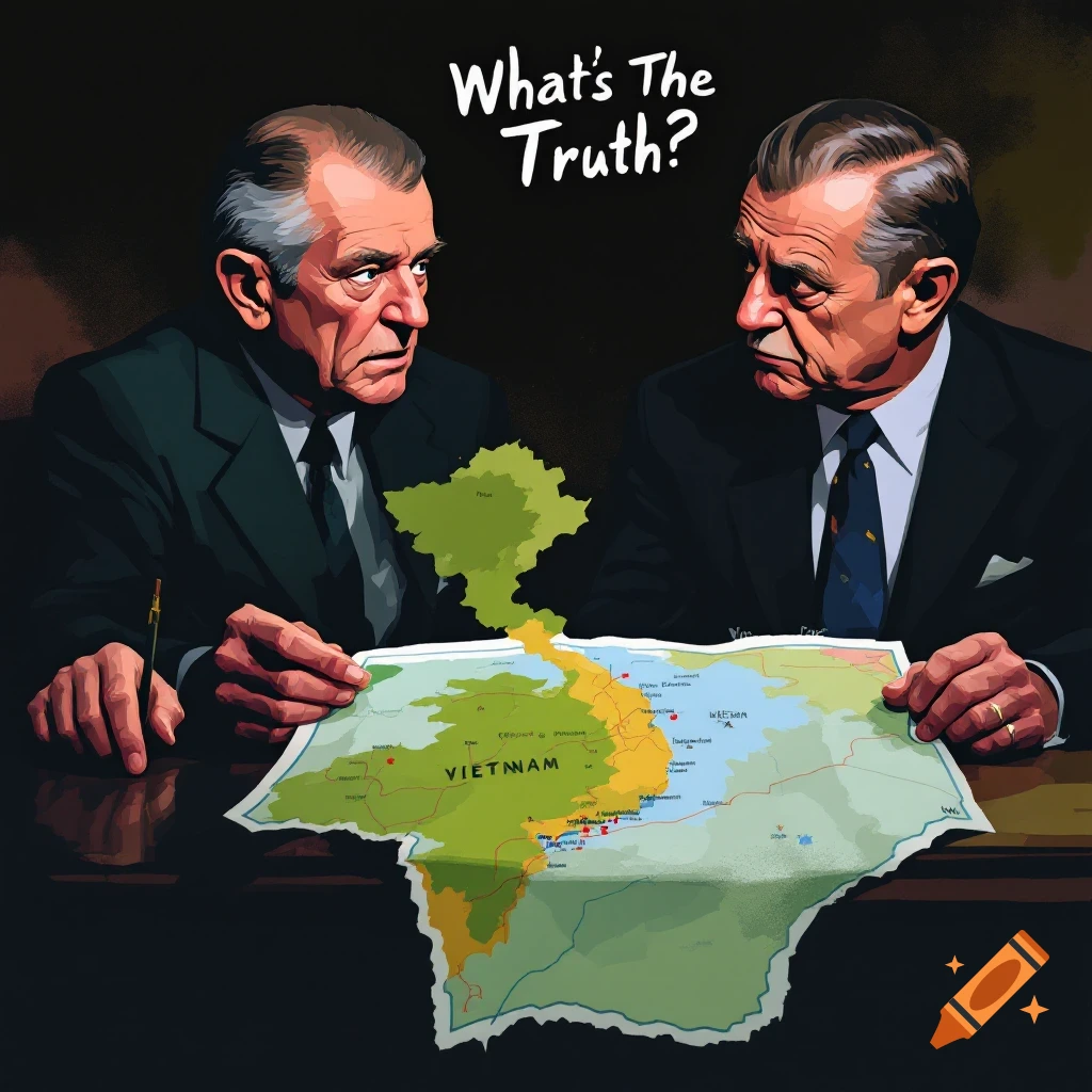 Two men looking at a Vietnam map with 'What's The Truth?' text.