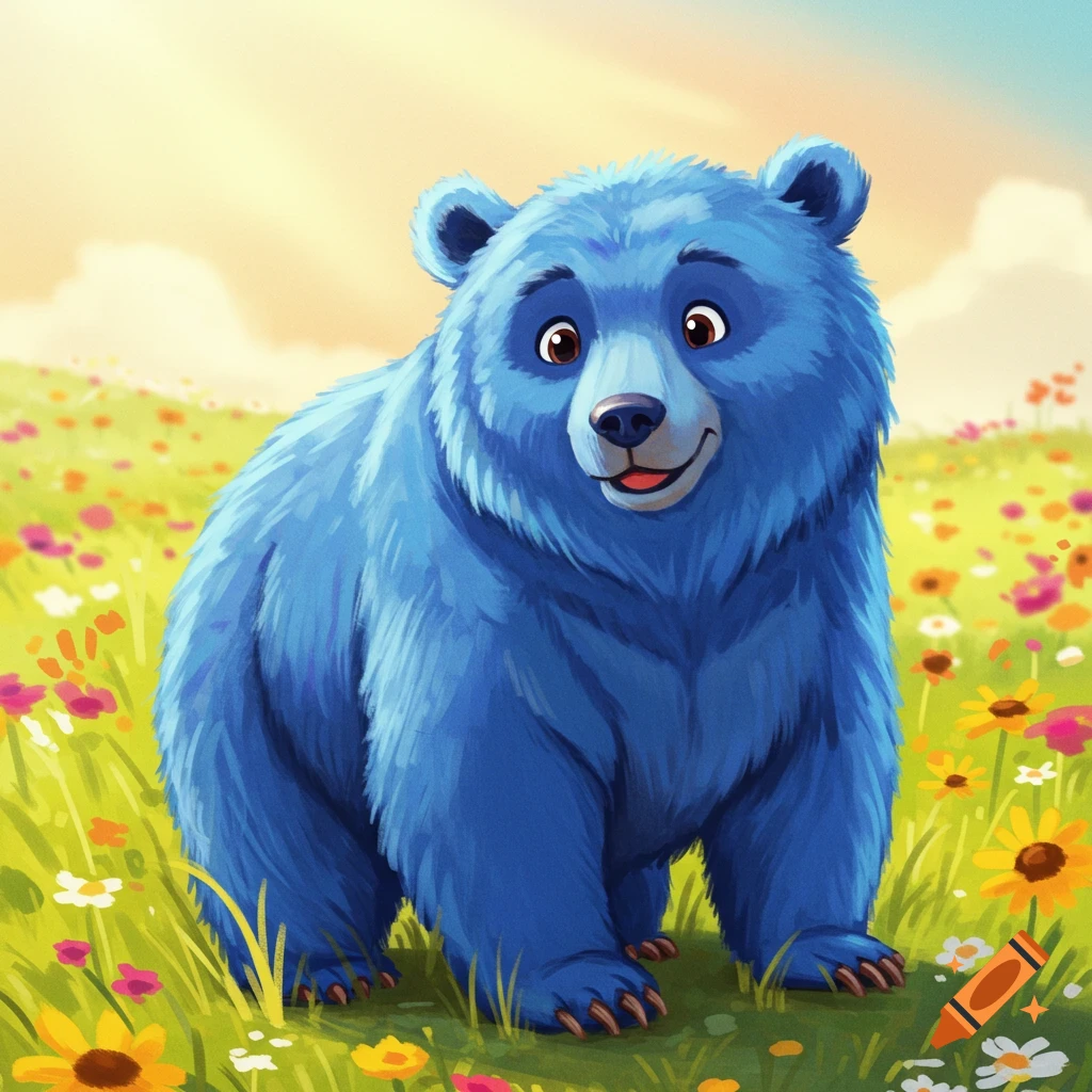 A cute blue bear stands in a field of colorful flowers, illustration