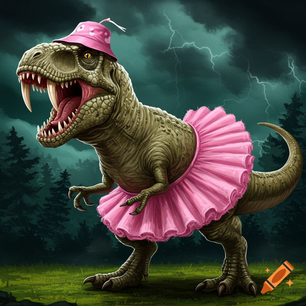 A Tyrannosaurus Rex wearing a pink tutu and hat in a stormy landscape