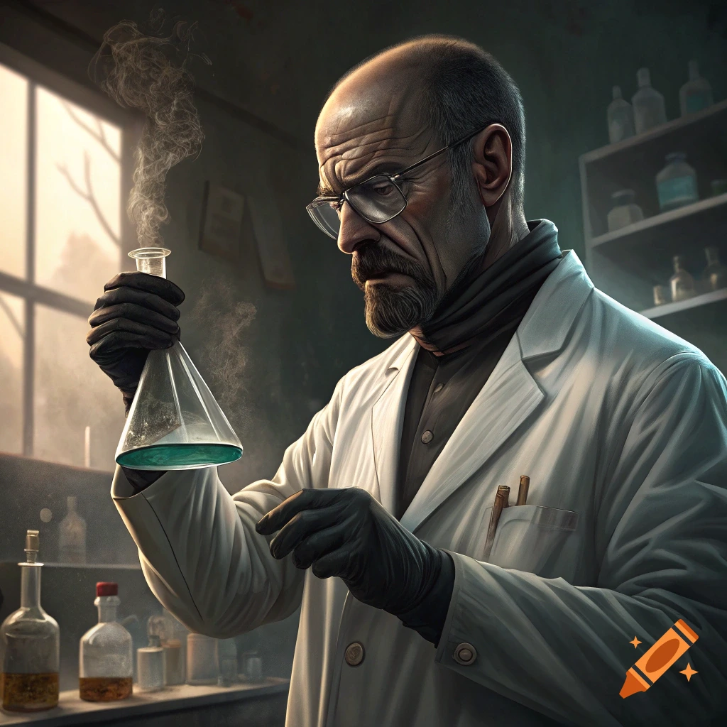 Man resembling Walter White in a lab coat holds a flask with steaming liquid.