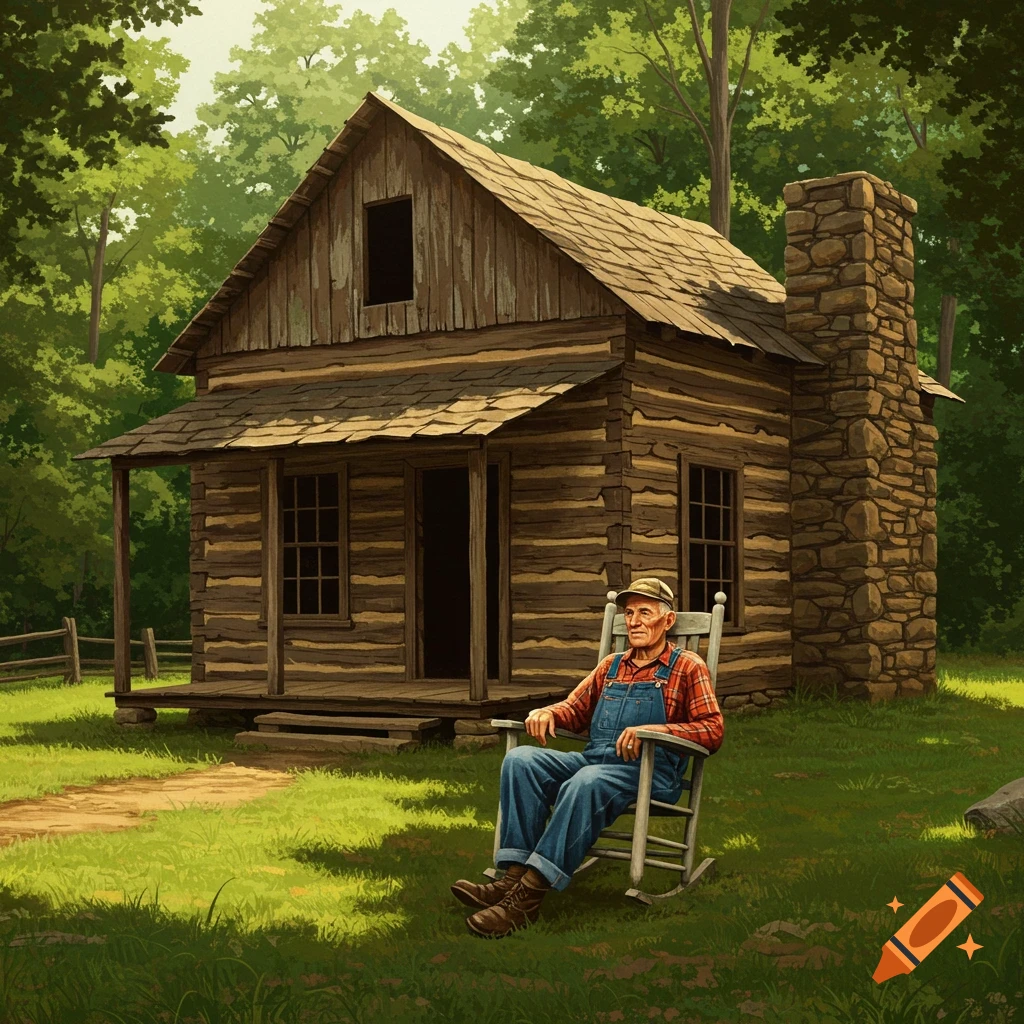An old man sitting in a rocking chair outside a log cabin.