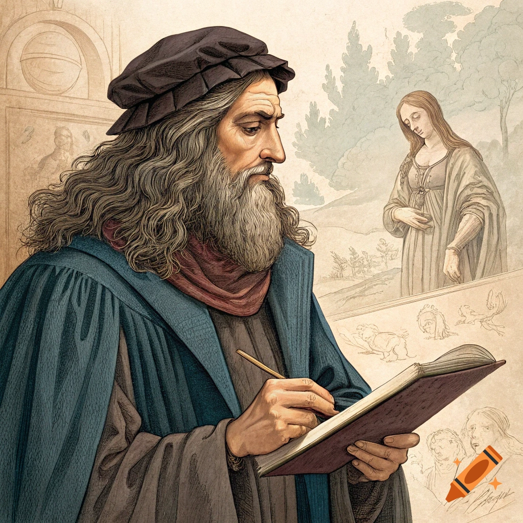 Leonardo da Vinci drawing in a book, with sketches and a woman in the background, in an old illustration style.