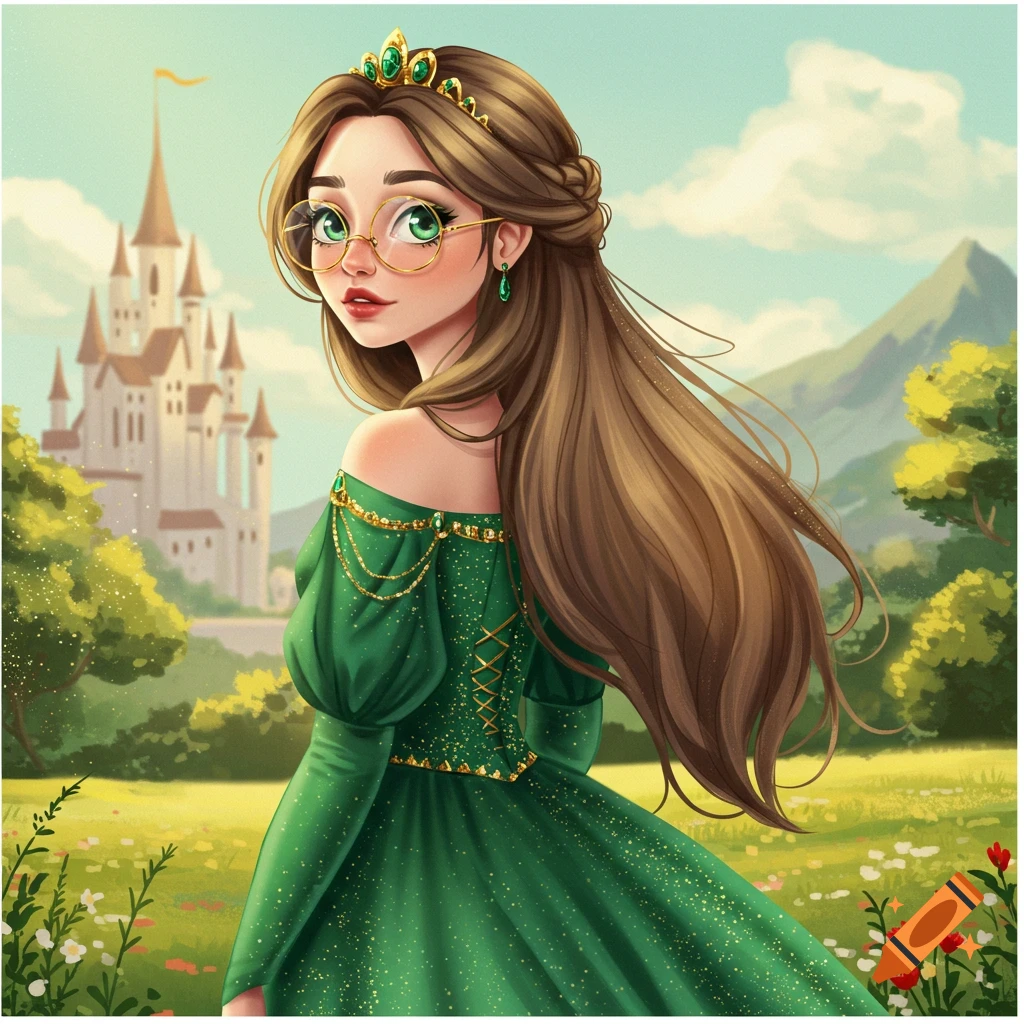 A princess with glasses and a green dress, standing in a field with a castle in the background.