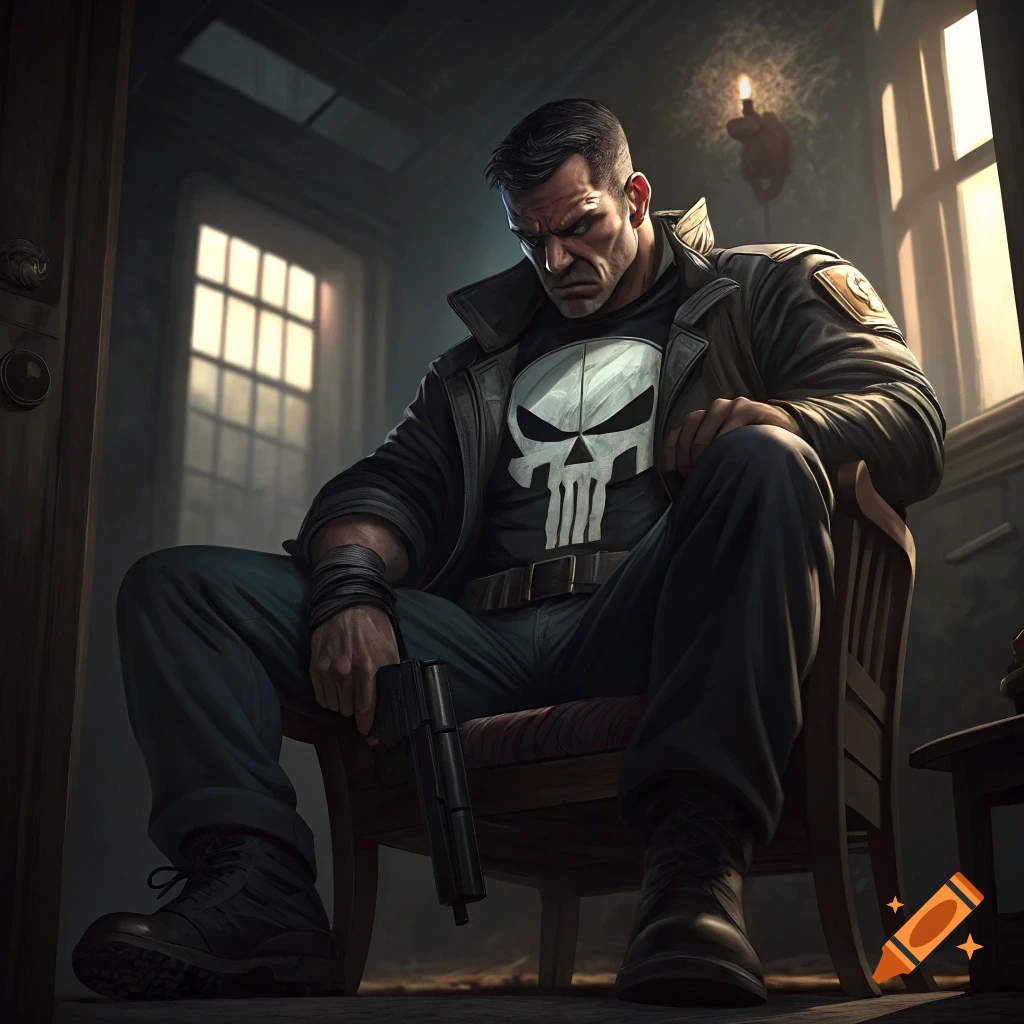 The Punisher sits in a chair in a dimly lit room, holding a handgun.