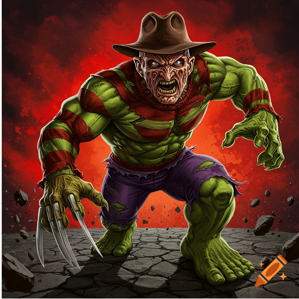 Freddy Krueger's head on Hulk's body, wearing a striped sweater and fedora, stands on cracked ground against a red sky.