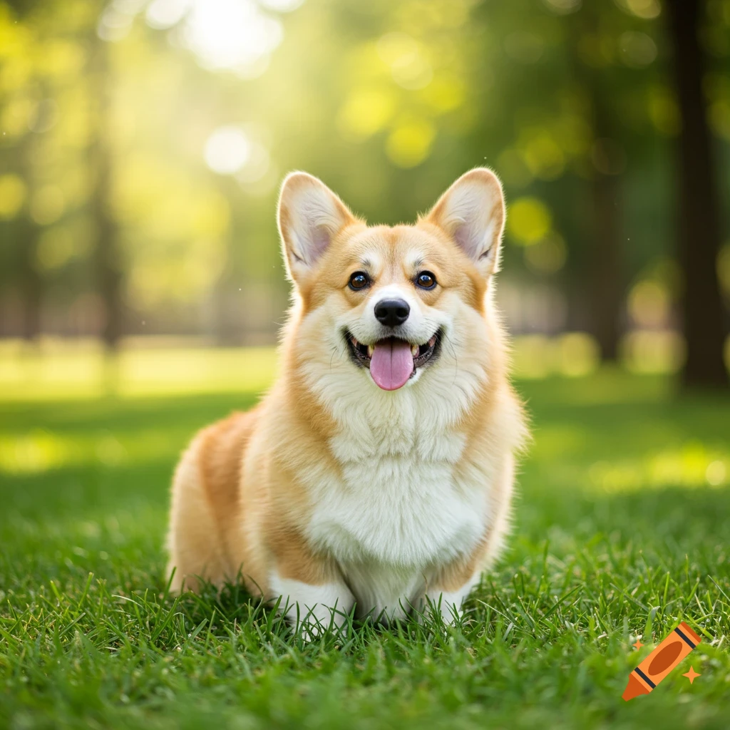 A happy corgi sits in green grass in a sunny park.