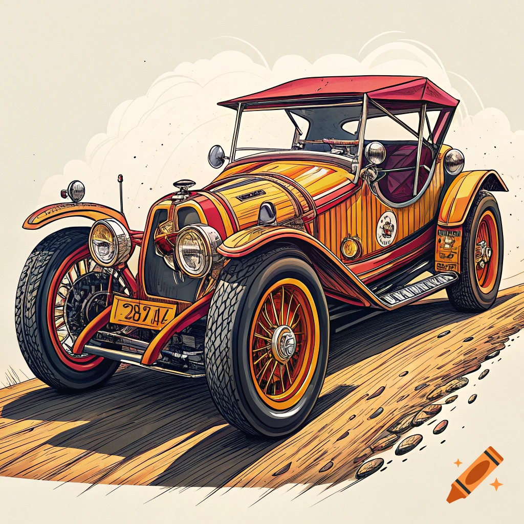 Stylized illustration of an orange and red vintage hot rod car on a dirt road.