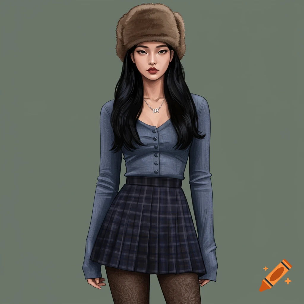A woman in a fur hat, blue top, plaid skirt, and patterned tights, wearing a necklace.