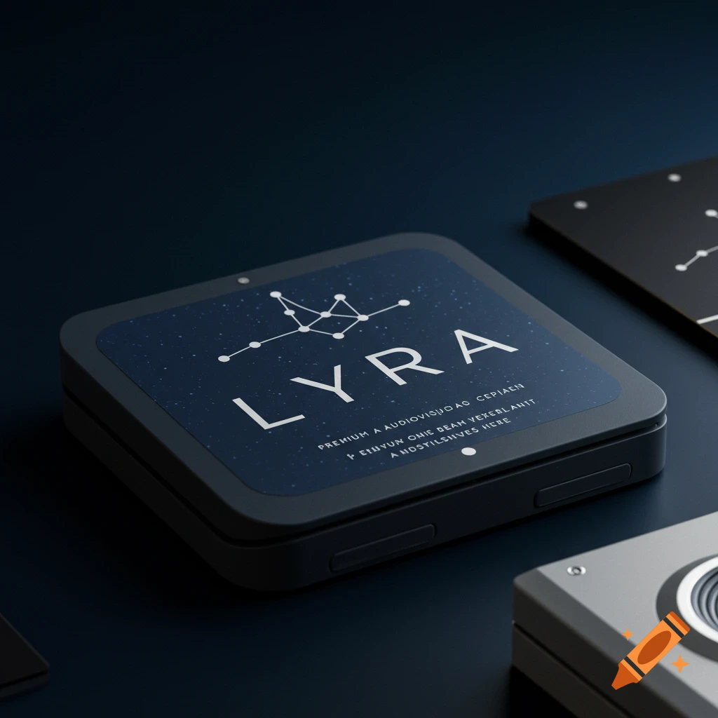 Photorealistic rendering of a dark gray product package with a blue top, 'LYRA' logo, and constellation.