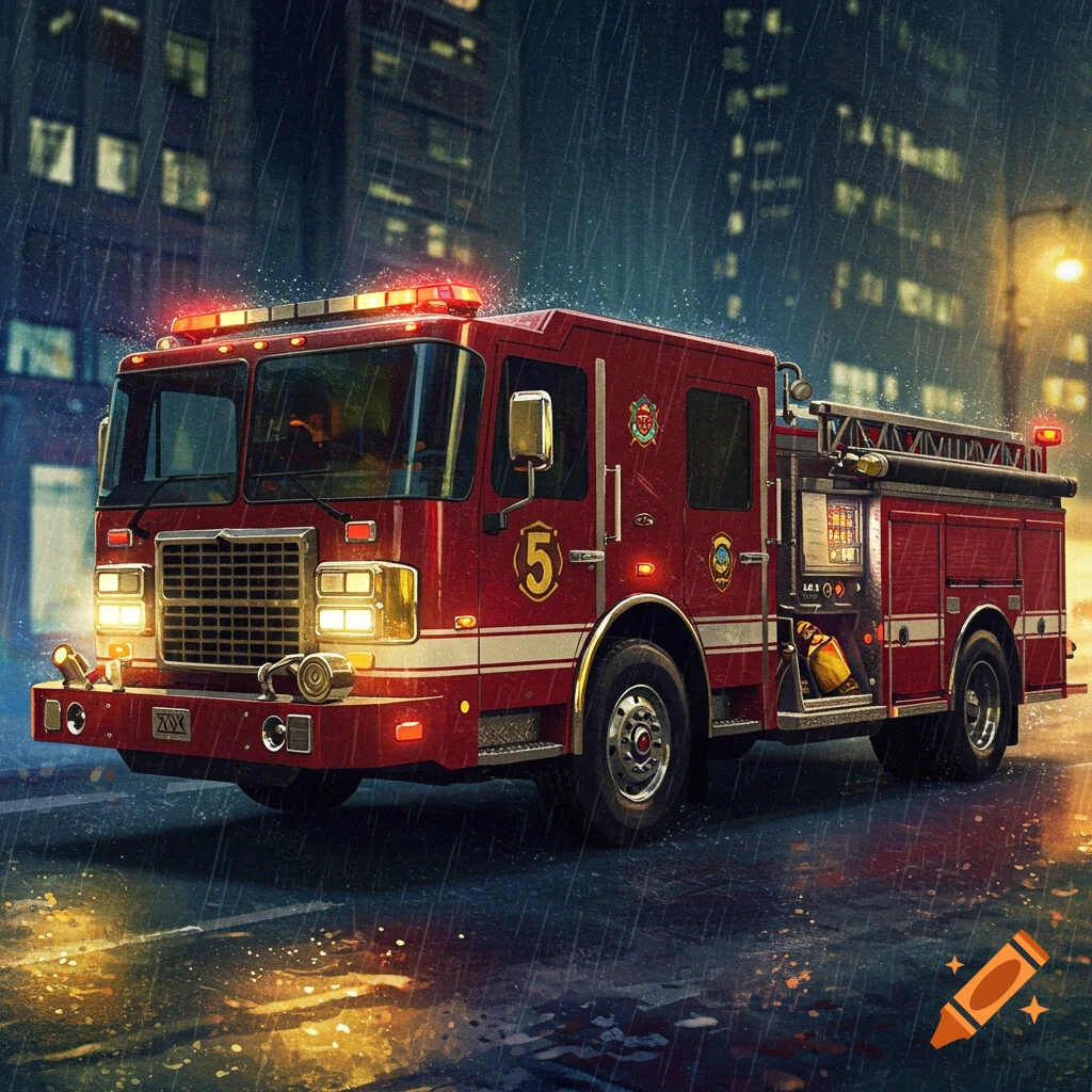 Red fire truck with number 5 on a rainy city street at night.
