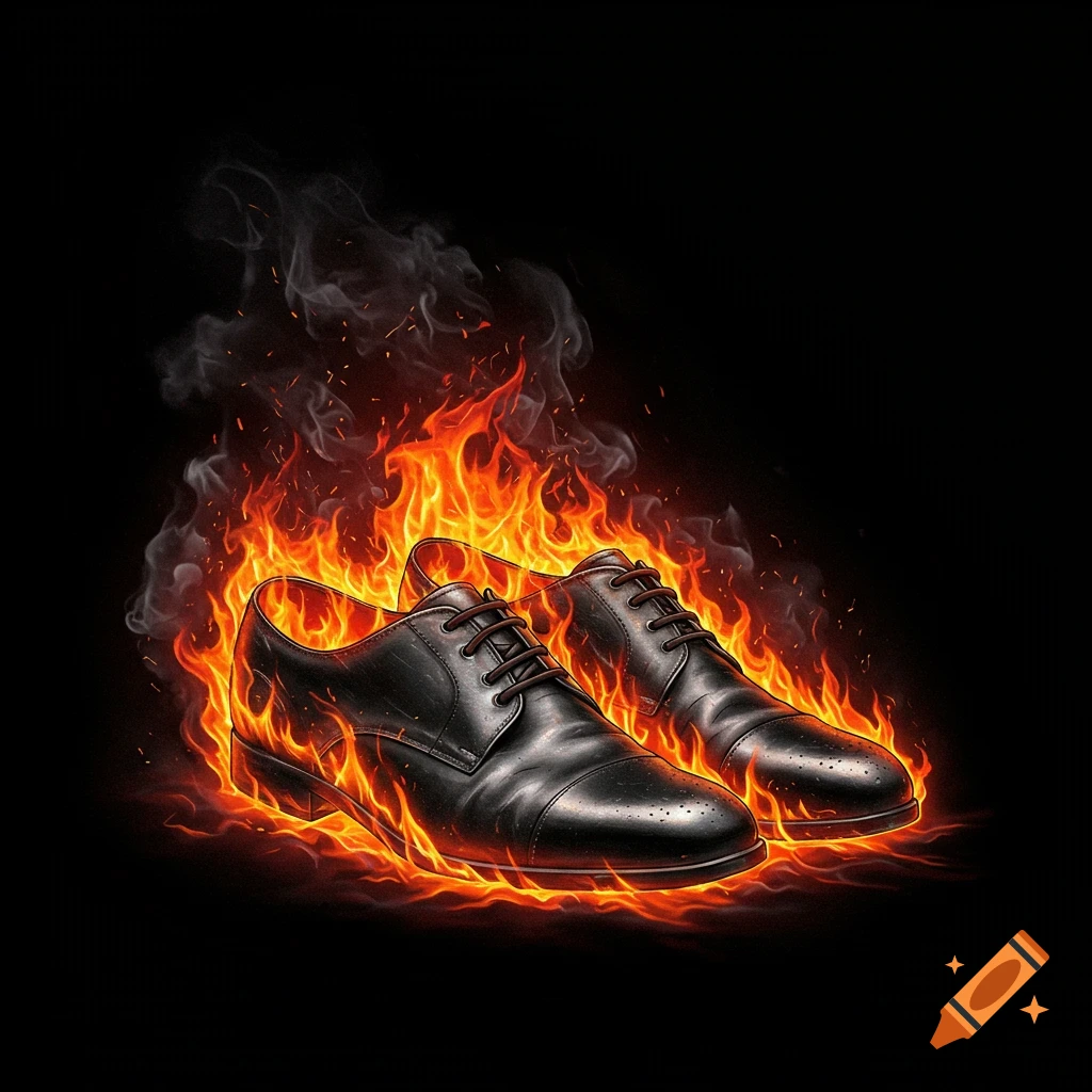 Black dress shoes surrounded by flames.