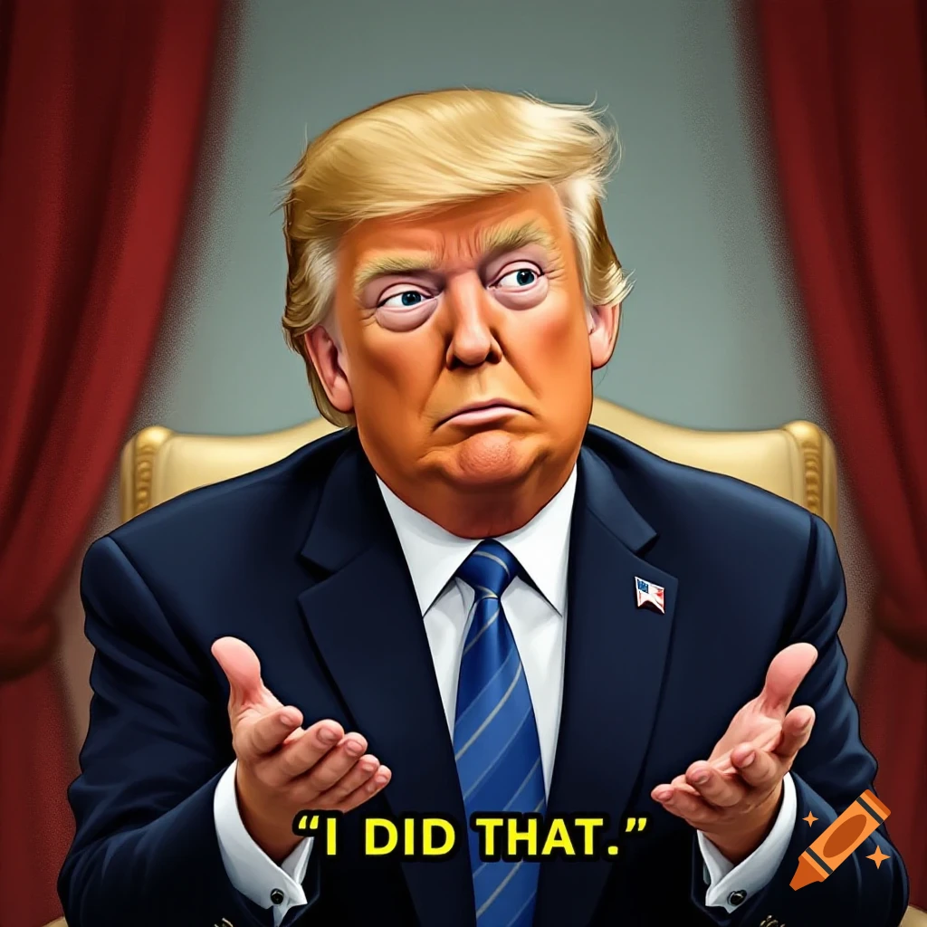 Caricature of Donald Trump shrugging with hands up, text reads 'I DID THAT.'