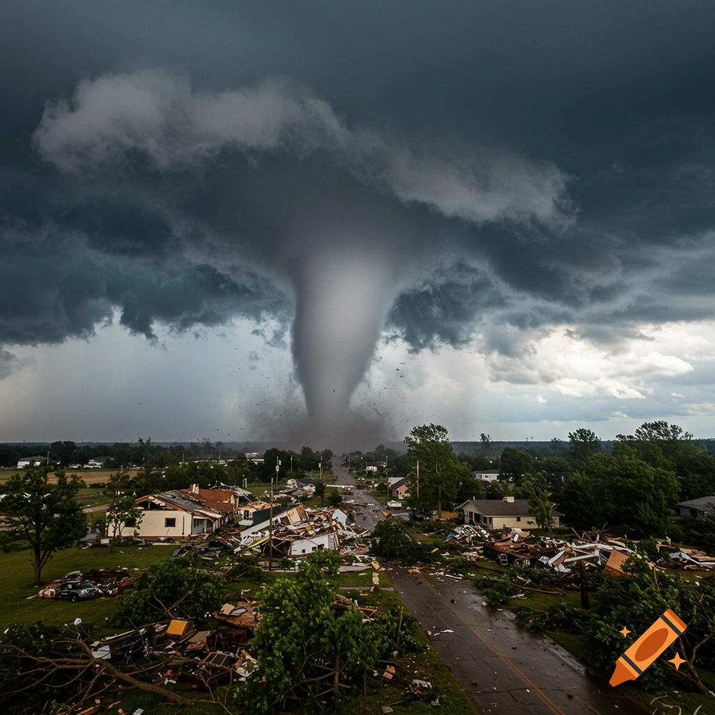 Large tornado over destroyed residential area with scattered debris, photorealistic