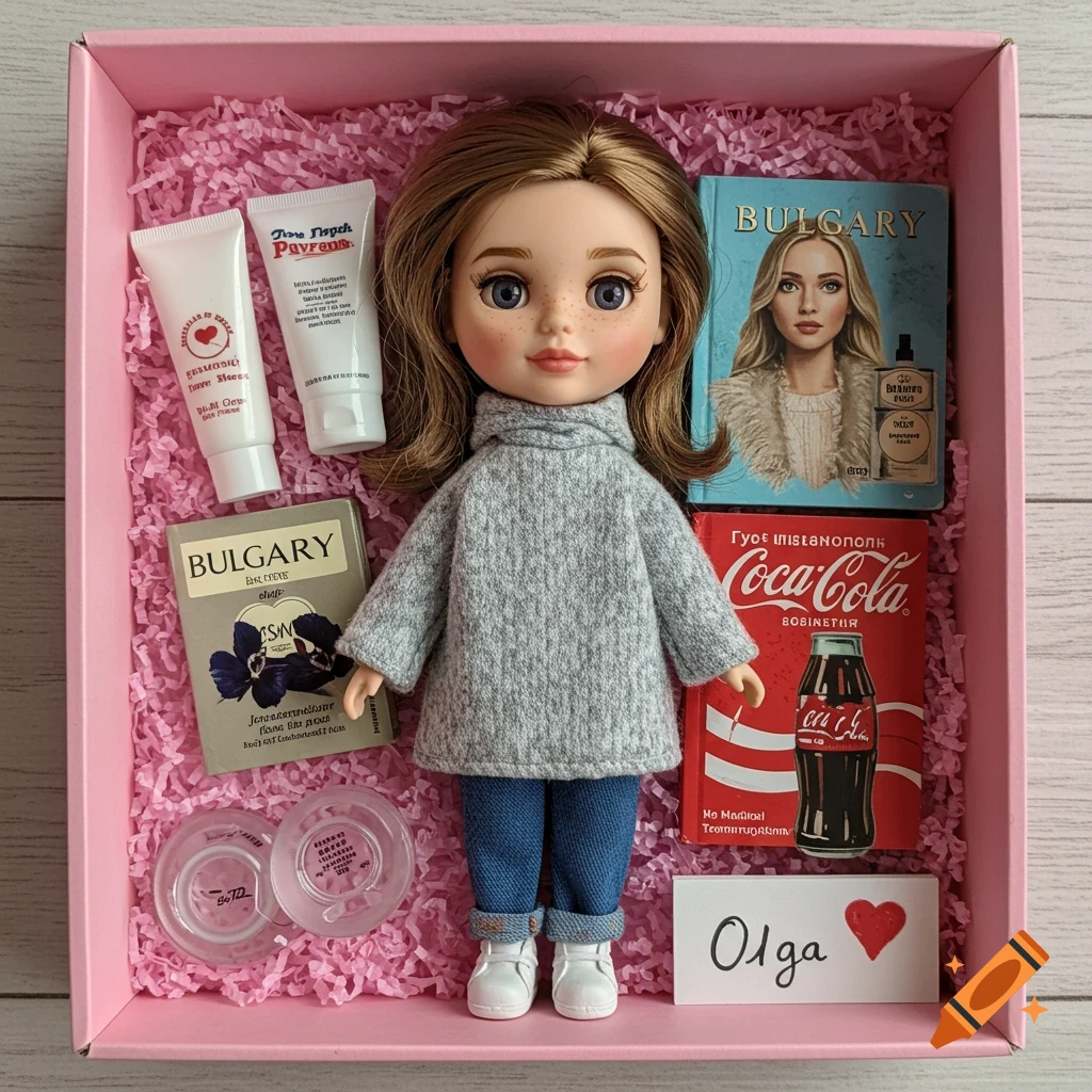 Doll in a pink box surrounded by accessories, including tubes, books, a Coca-Cola can, and a card.