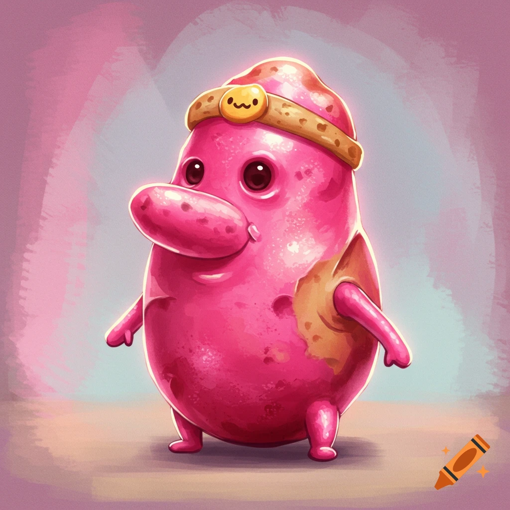 A cute pink cartoon potato creature with large eyes and a big nose wears a yellow headband with a smiley face.
