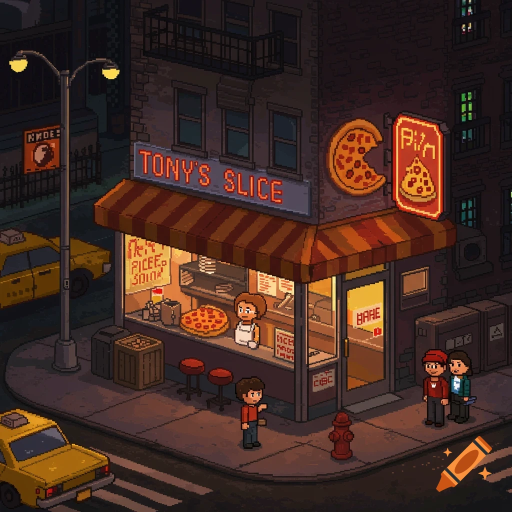 Pixel art illustration of a New York City pizza place at night with people outside.