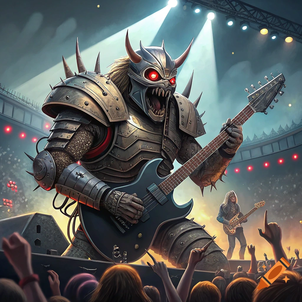 A giant metal monster with glowing red eyes plays a guitar on stage at a concert, with a crowd watching.