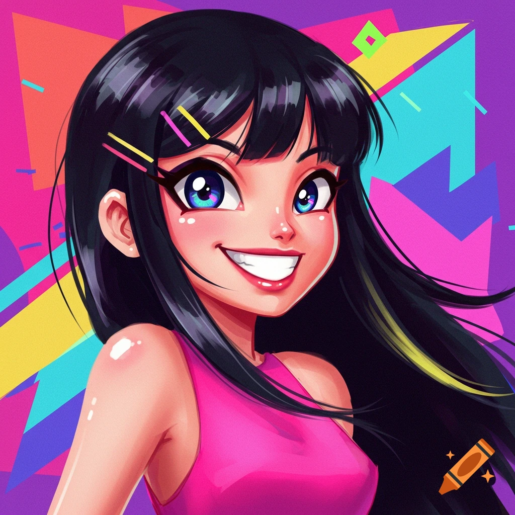 A smiling cartoon girl with black hair and colorful clips against a geometric background.