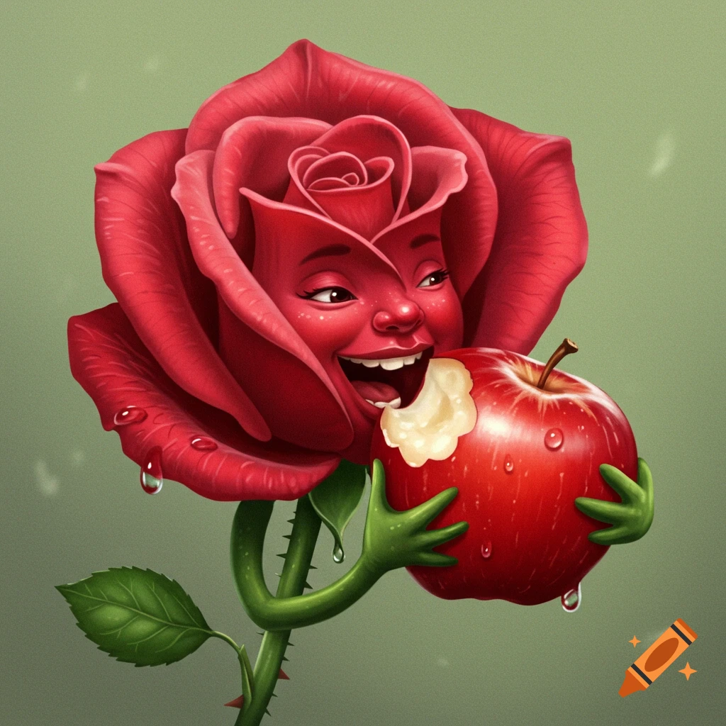 An anthropomorphic red rose with a face and hands is biting into a red apple.