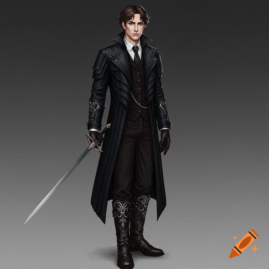 A man in a long black coat with silver details, waistcoat, tie, and boots, holding a sword.