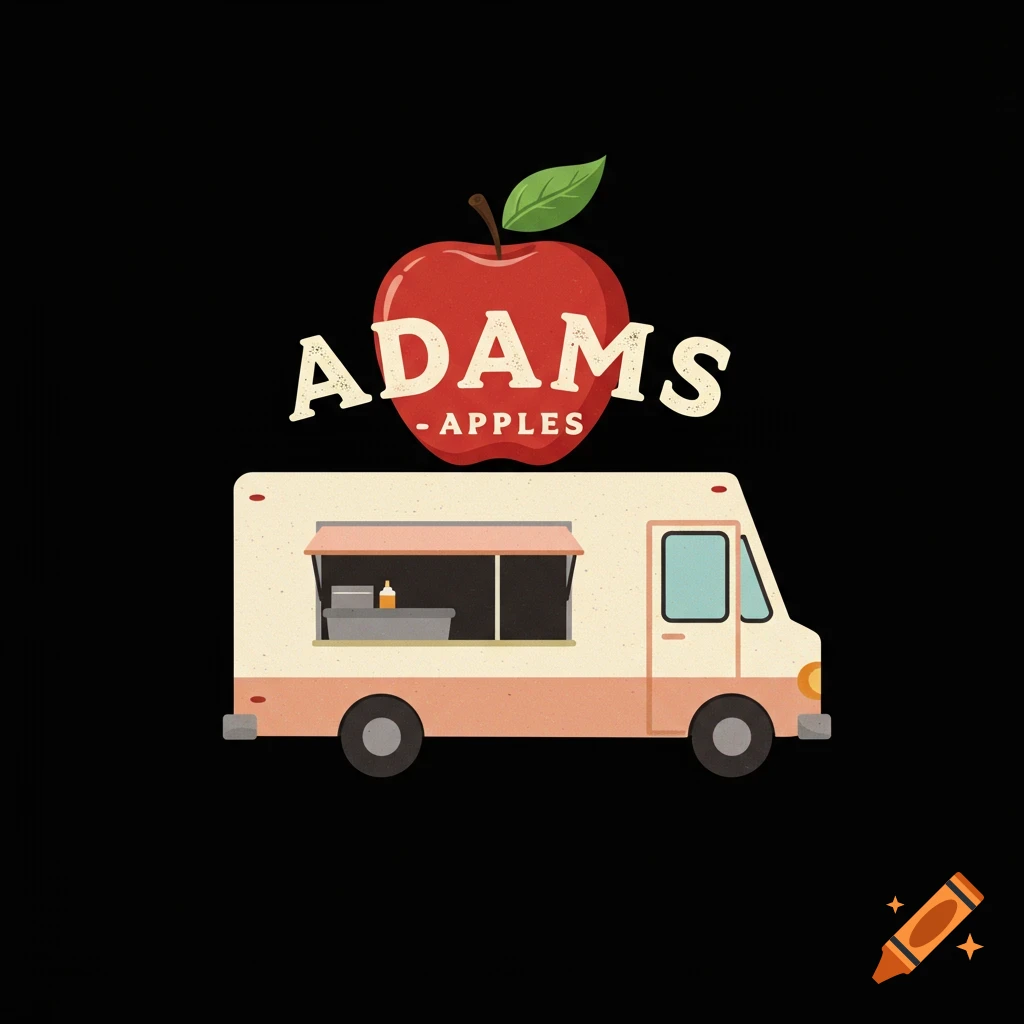 Logo for Adams Apples food truck with red apple and truck illustration