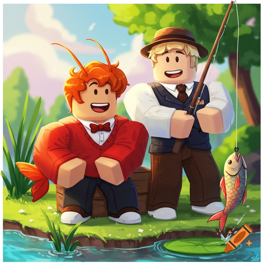 Two Roblox characters, one with lobster antennae and tail, are fishing by a pond.