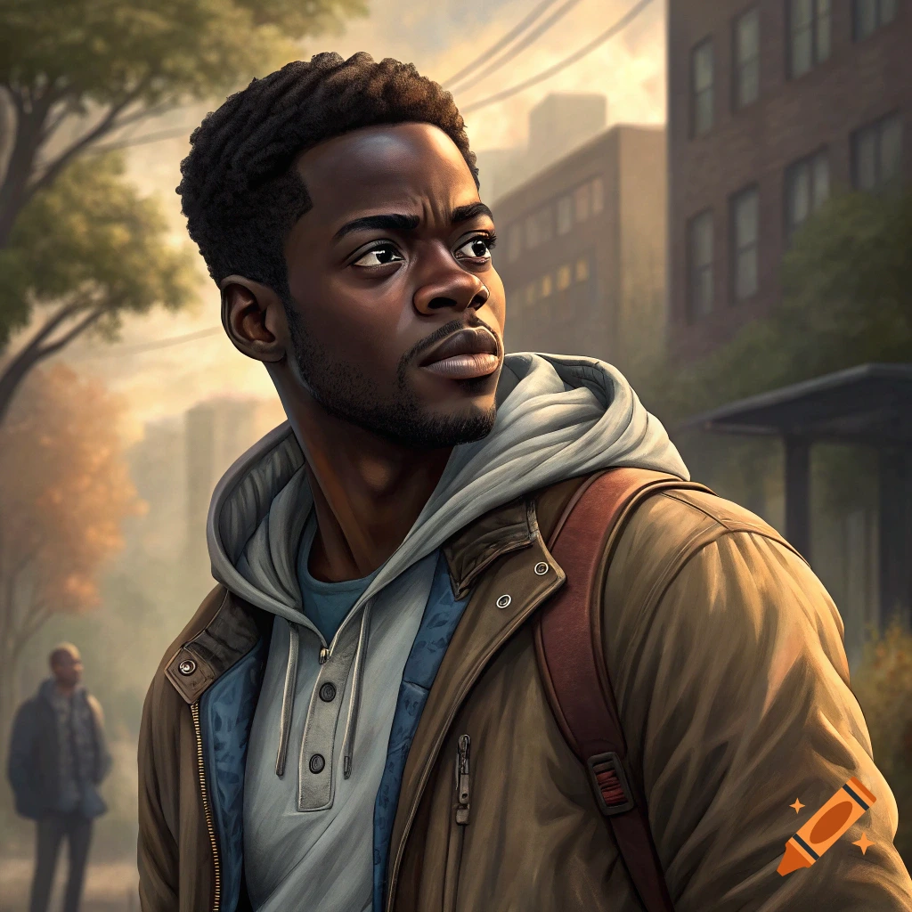 Illustration of a young black man with a serious expression, looking to the side on an urban street.