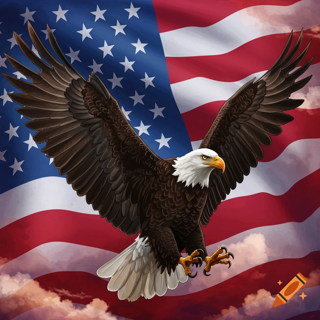 A bald eagle flies with outstretched wings in front of a wavy American flag. Digital art.