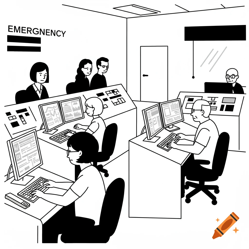 Black and white illustration of people working at computers in a control room.