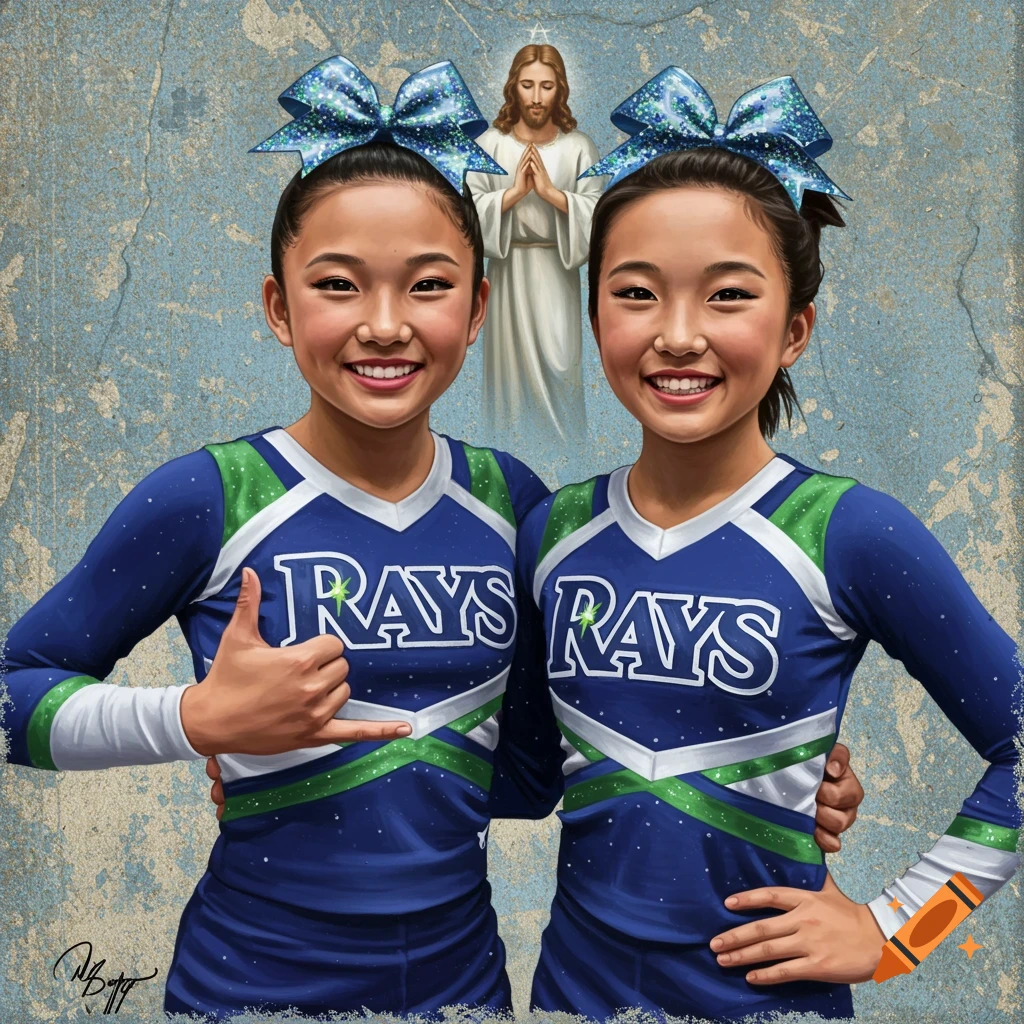 Two young cheerleaders in blue and green 'RAYS' uniforms, smiling, with Jesus praying in the background.