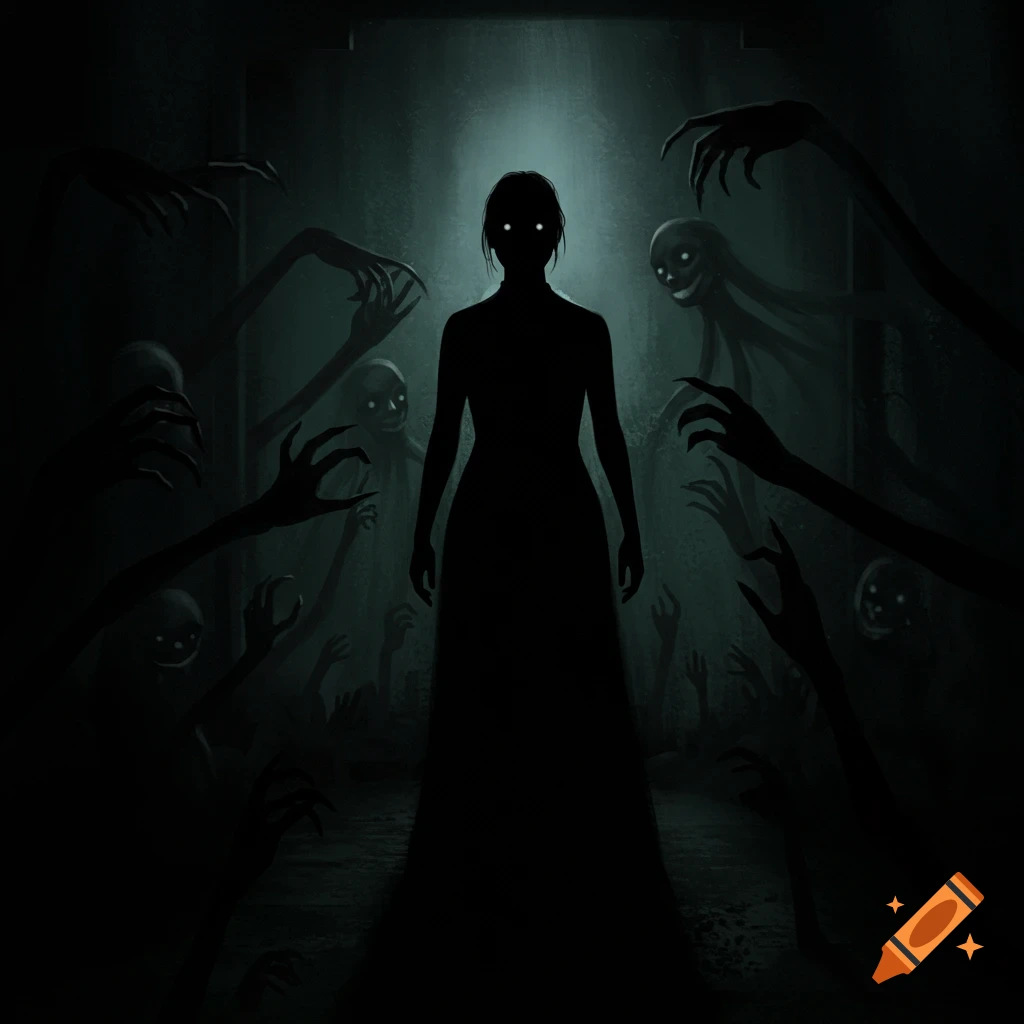 A woman's silhouette stands in a dark room surrounded by shadowy creatures with glowing eyes and clawed hands.