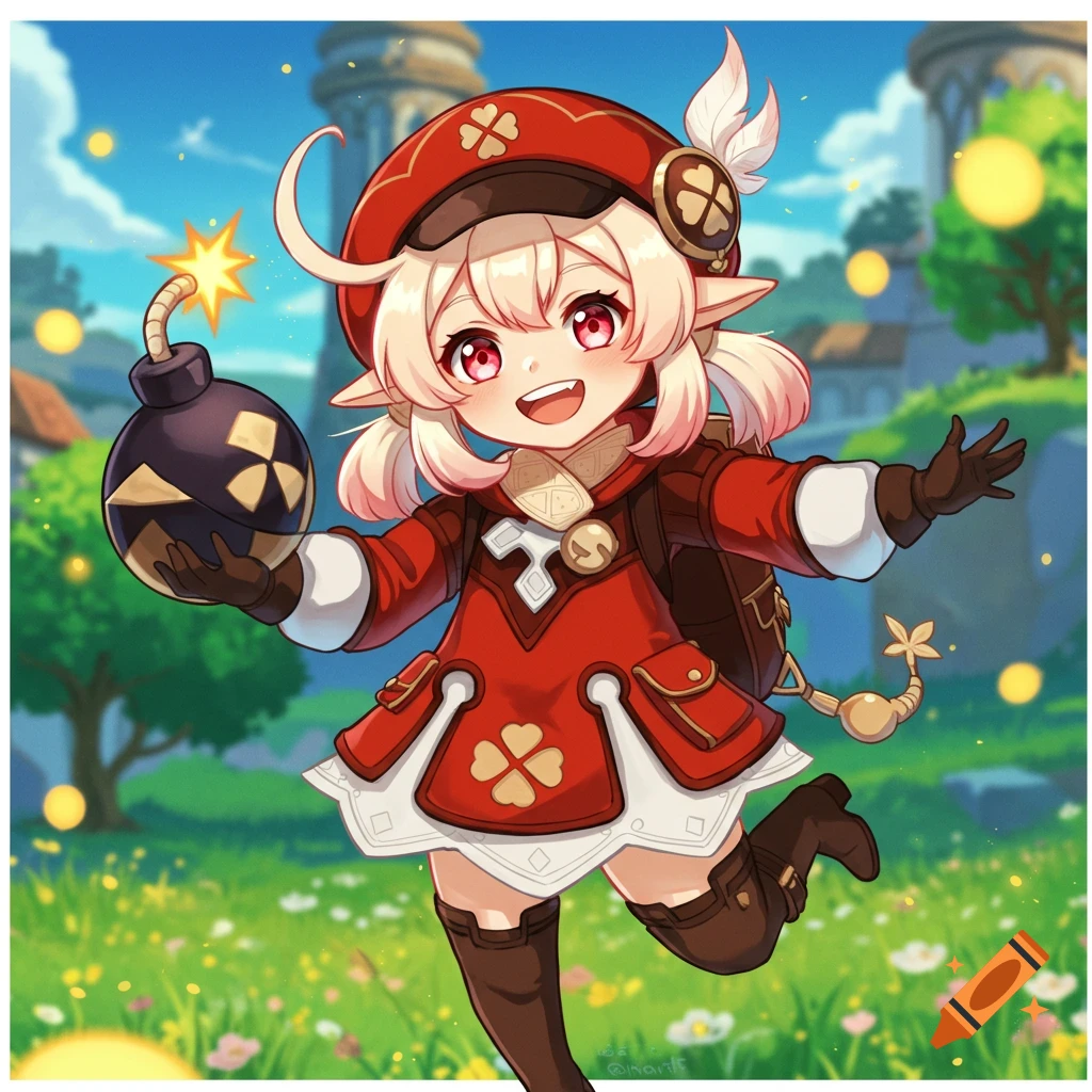 Klee from Genshin Impact, a small girl in a red coat, holding a bomb in a grassy field.
