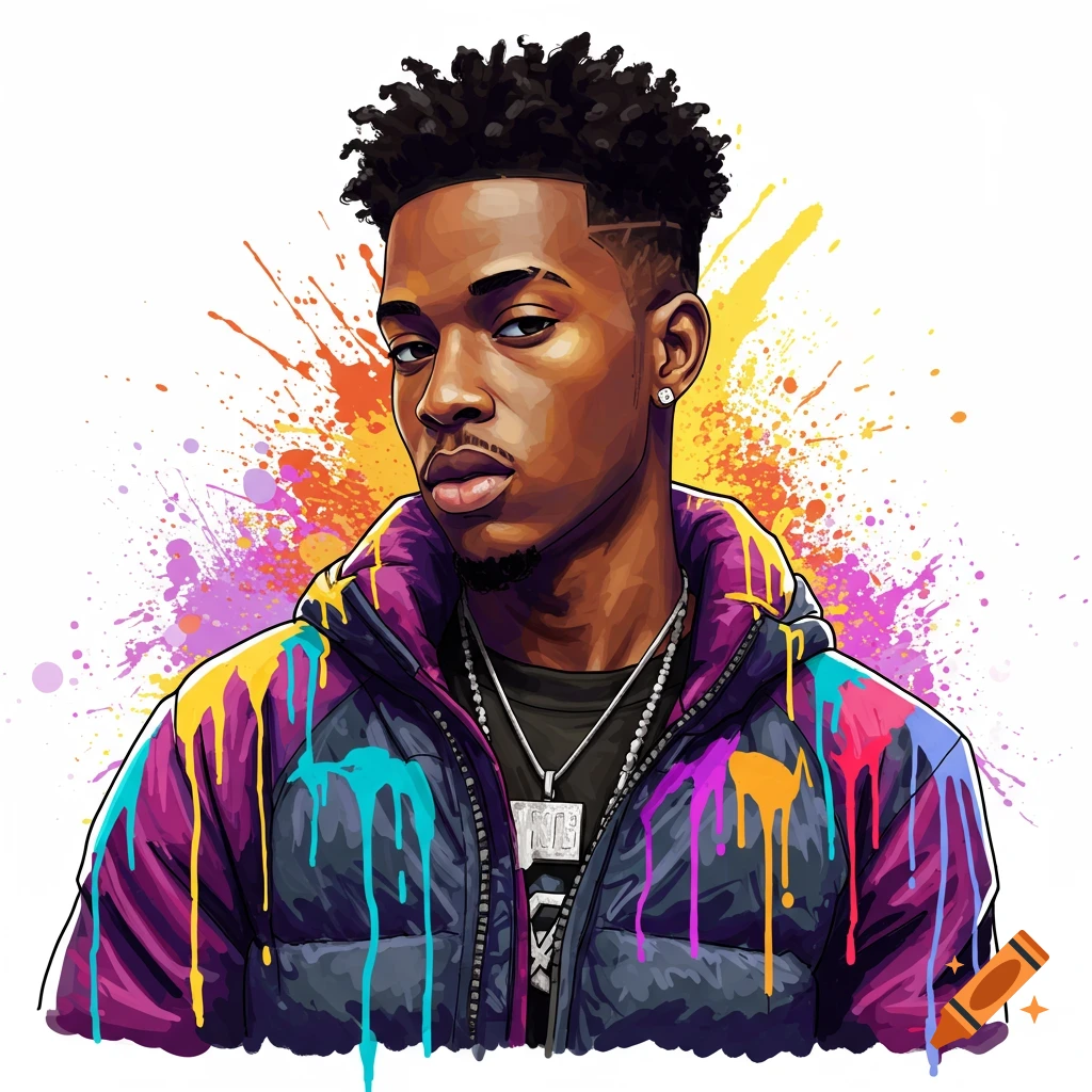 A portrait of a young man in a puffer jacket with colorful paint drips and a chain.