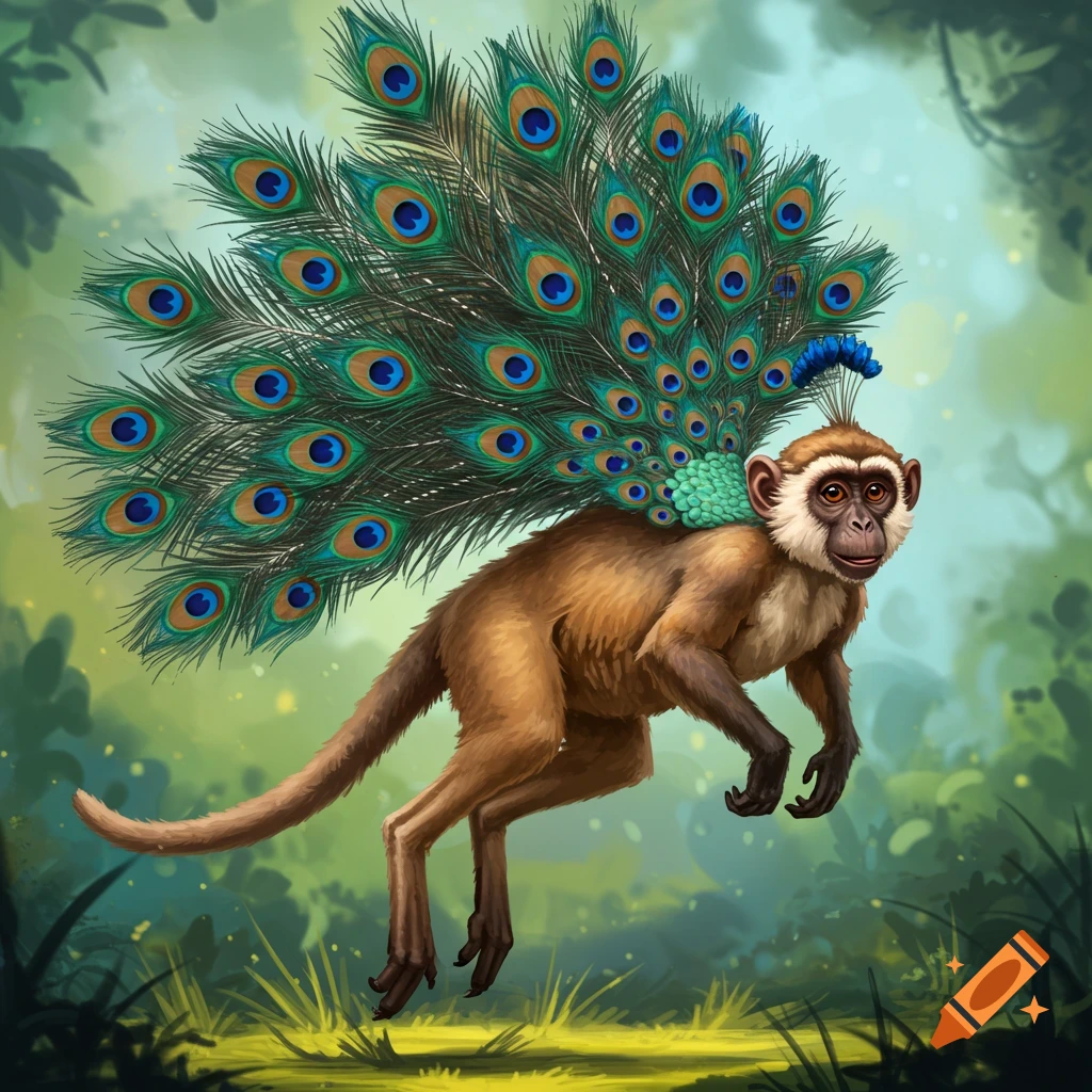 A whimsical creature with a monkey face, peacock feathers, and kangaroo legs in a jungle.
