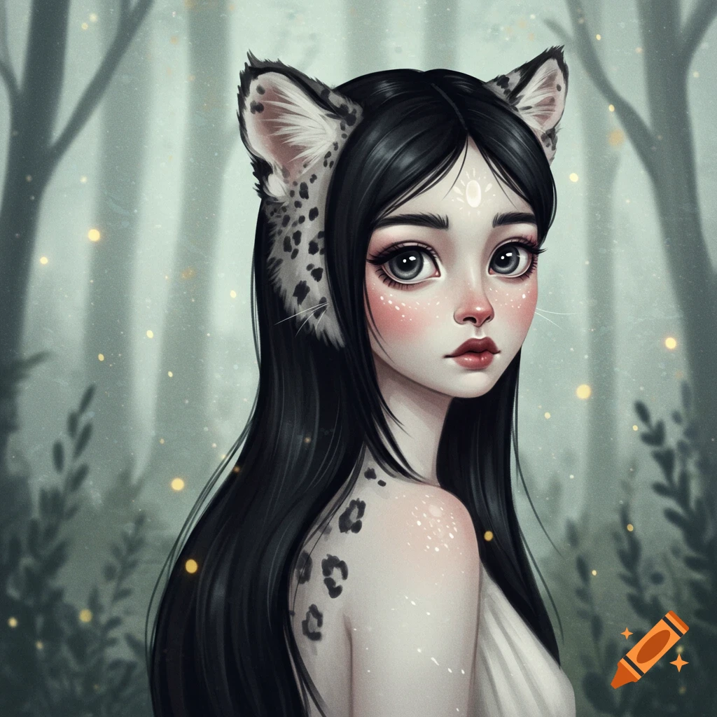Portrait of a woman with snow leopard ears and spots in a forest