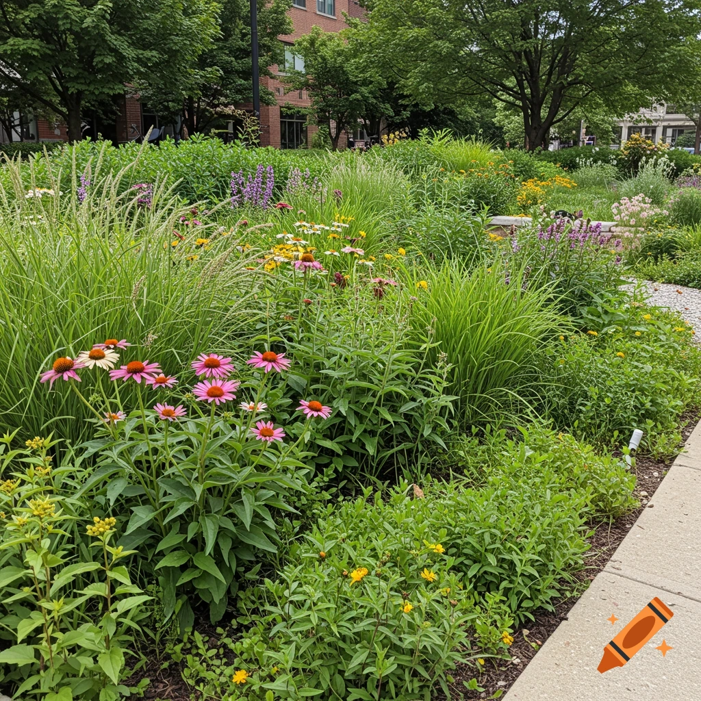 A lush rain garden filled with tall grasses, pink coneflowers, and other colorful plants.