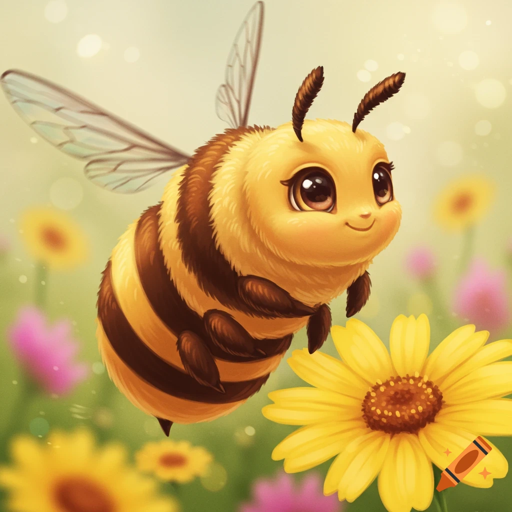 Cute cartoon bee flying among flowers.