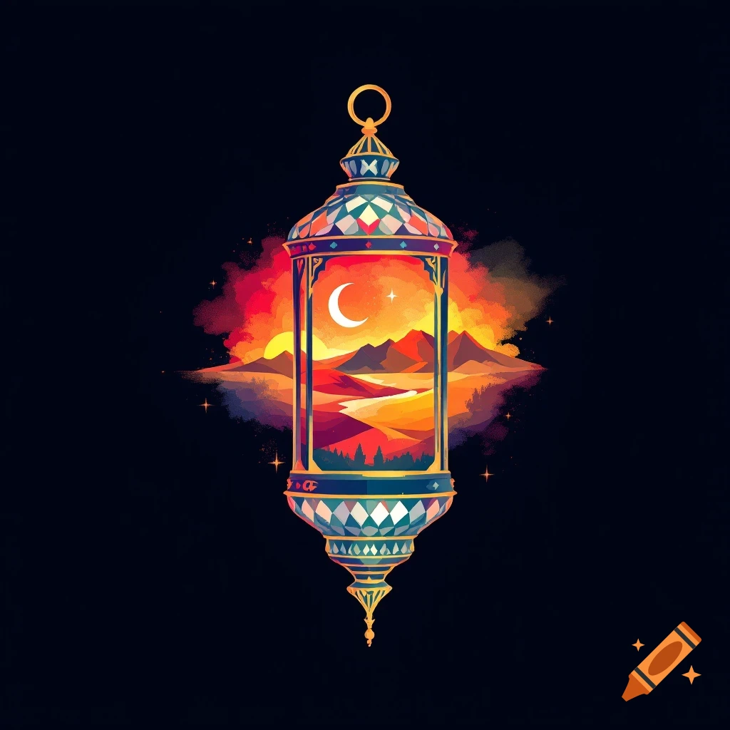 Stylized illustration of a Moroccan lantern with a landscape inside: mountains, river, crescent moon, against a dark background.