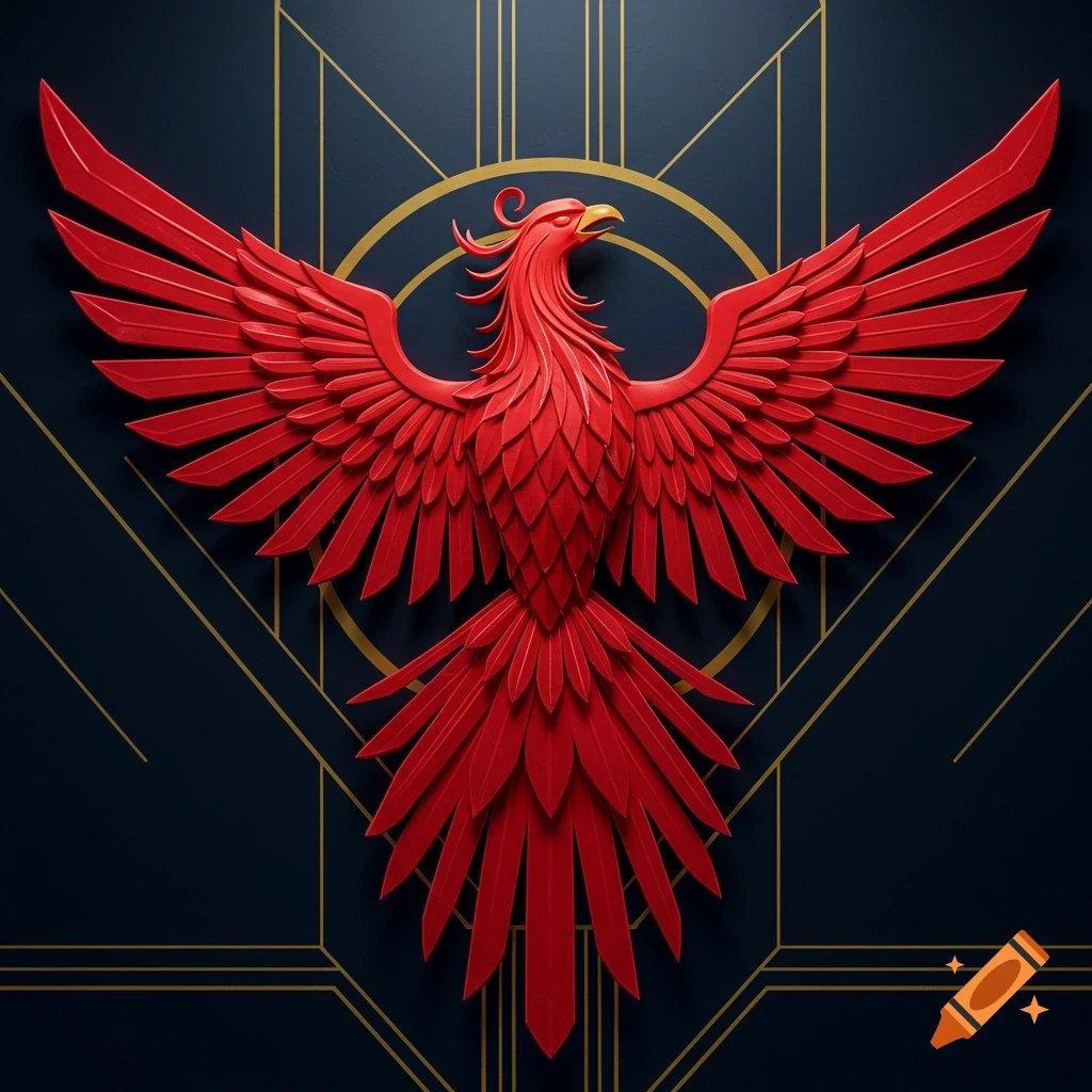 Art Deco red phoenix emblem against a dark blue background with gold lines.