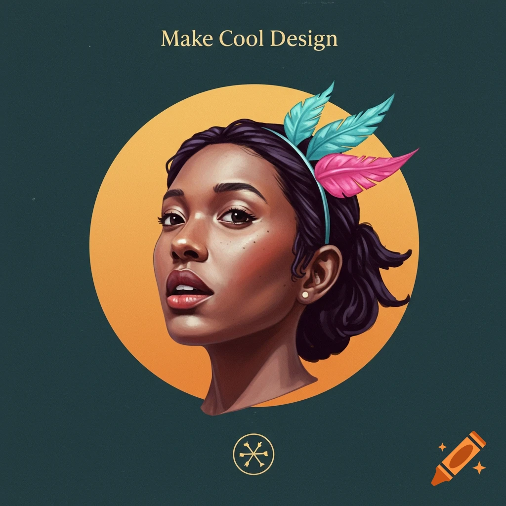 A portrait of a woman with feathers in her hair, enclosed within an orange circle, and with text positioned above.