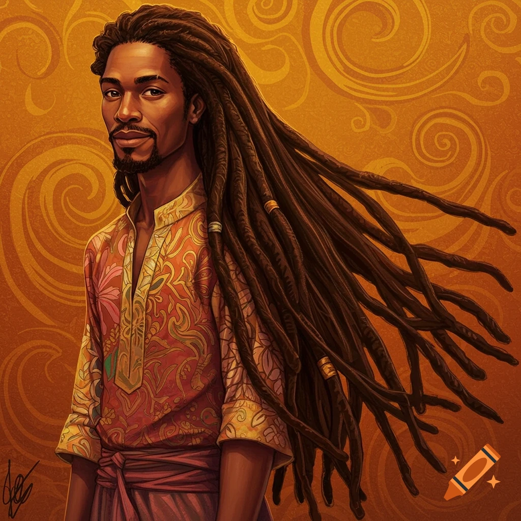 A man with long dreadlocks and a patterned shirt stands against an orange, swirling background.