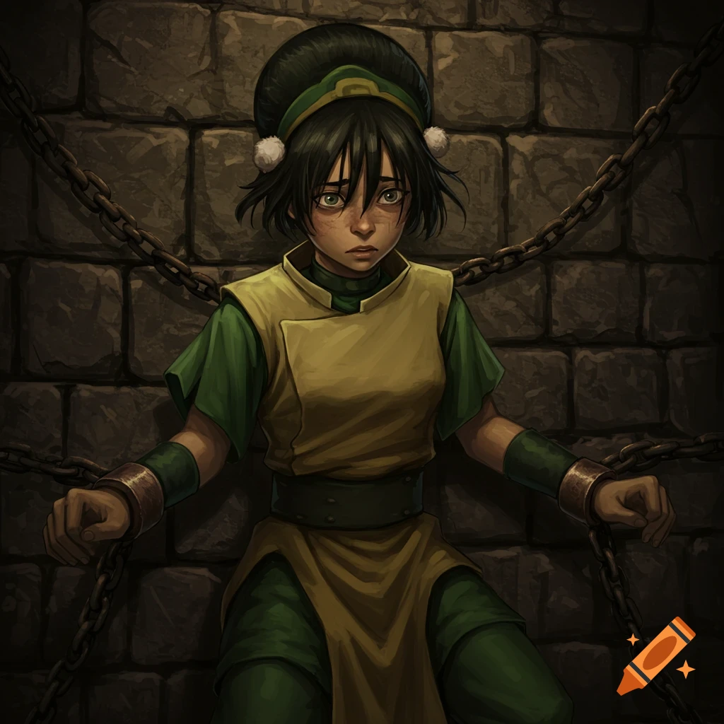 Toph chained to a stone wall in a dungeon, looking distressed.