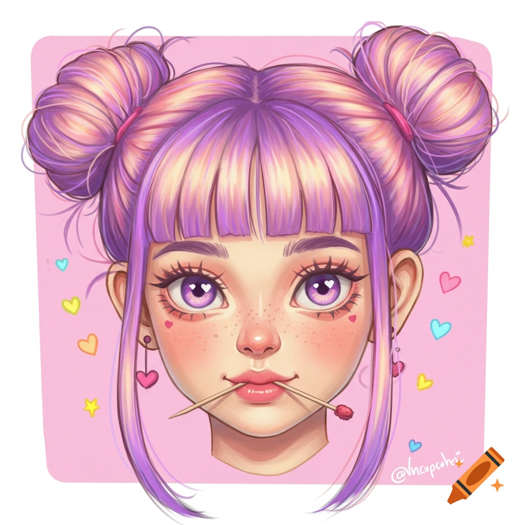 Stylized digital portrait of a girl with purple double buns, large eyes, freckles, and a toothpick.