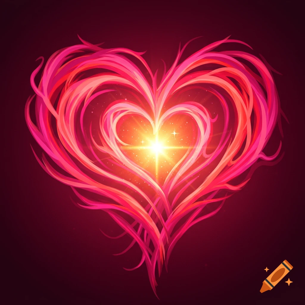 A stylized heart made of swirling pink and red lines with a bright star in the center.