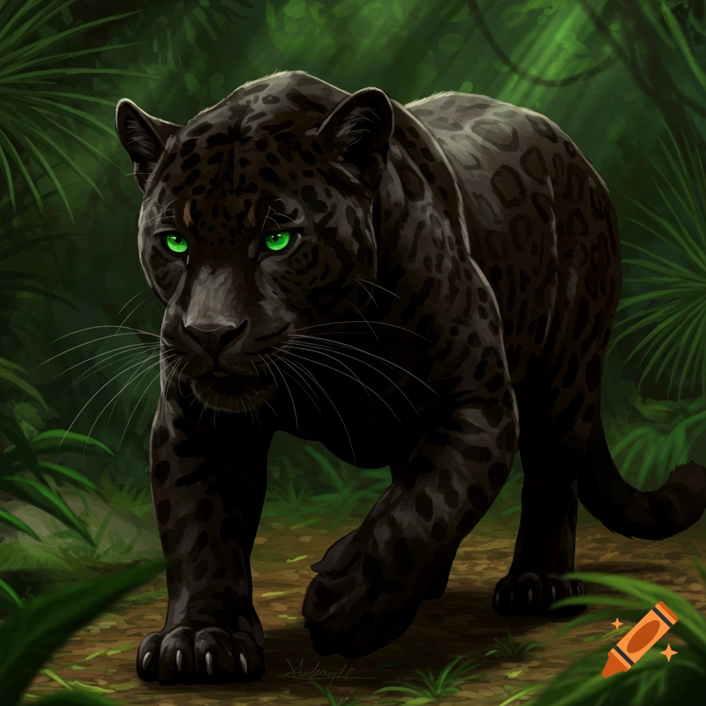 A black jaguar walks through a lush jungle.