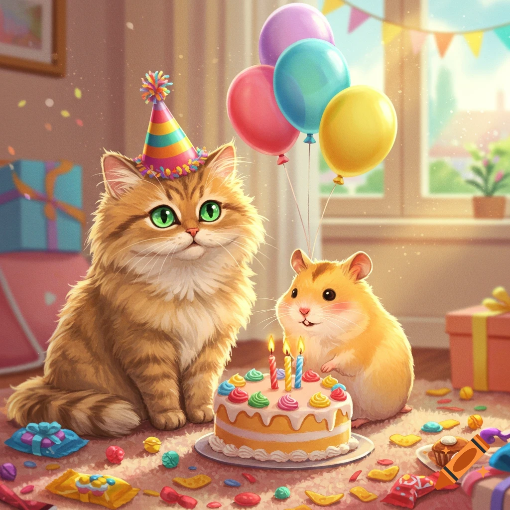 A cute cat in a party hat and a hamster celebrating a birthday with a cake and balloons.