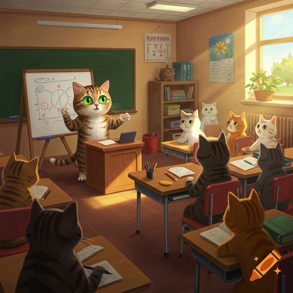 A tabby cat gives a presentation to other cats in a picture of a classroom.